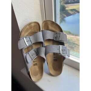 Birkenstock Arizona Slide Sandal in Sparkly Gray Suede With Buckles Size 38